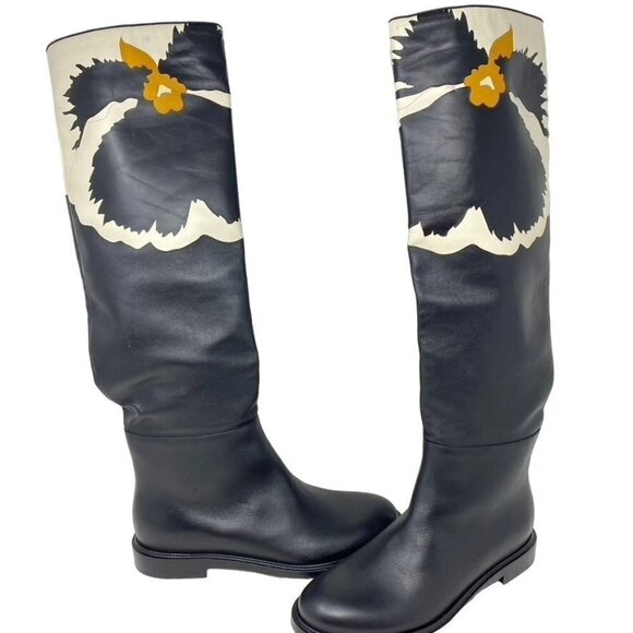 NWOT Valentino Garavani Flower Knee High Boot  Black Leather Sz 38.5/ 8.5 No Box - Picture 2 of 16